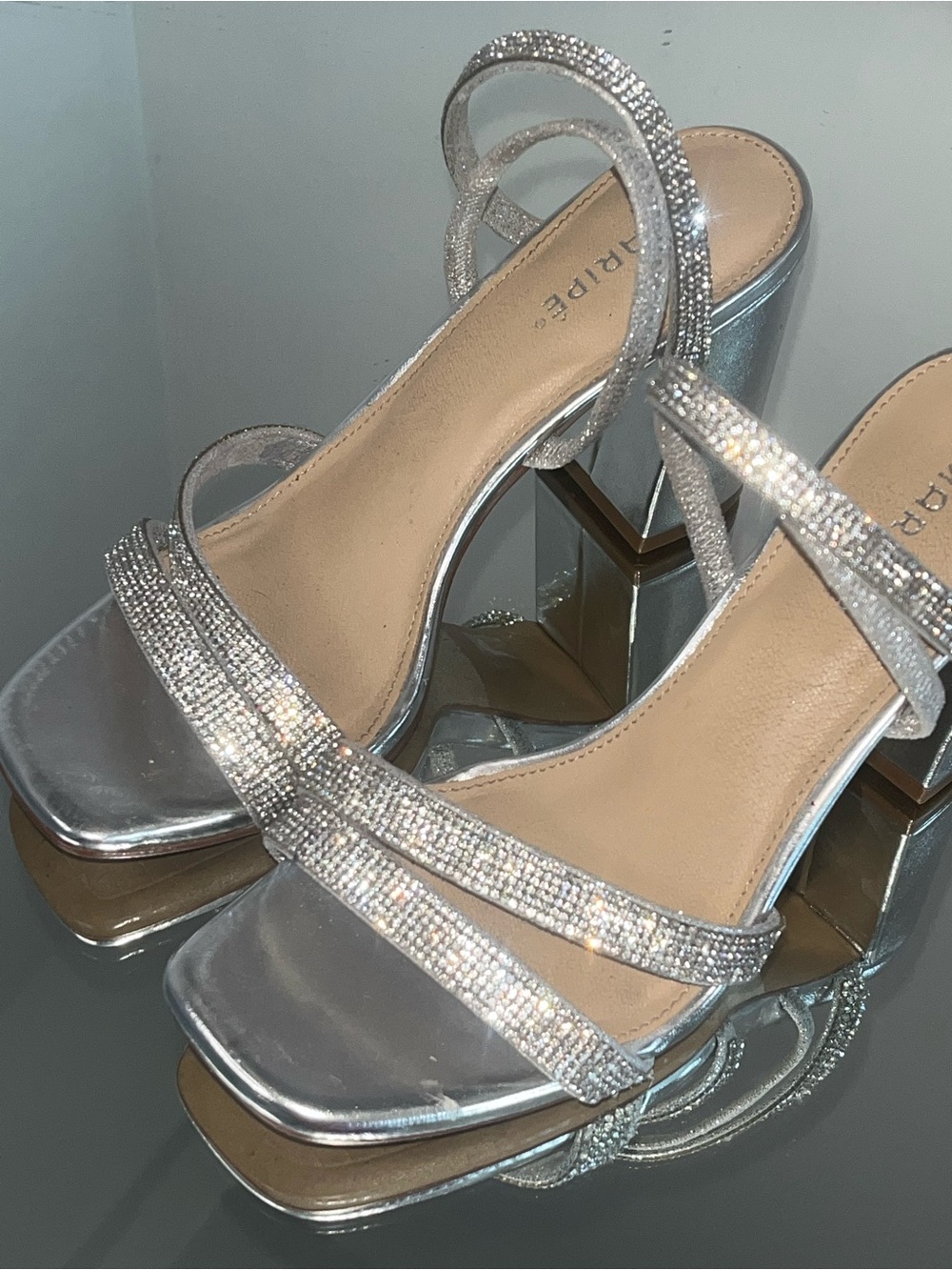 Silver Rhinestone Block Heel Sandals - Picture 4 of 5